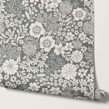 Malia Tossed Blooms Gray Cream Wallpaper