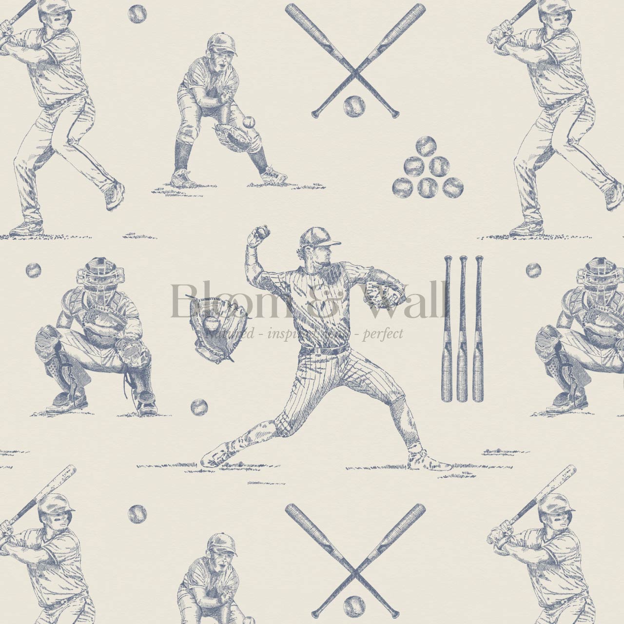 Marco Classic Baseball Toile Blue Slate Taupe Wallpaper