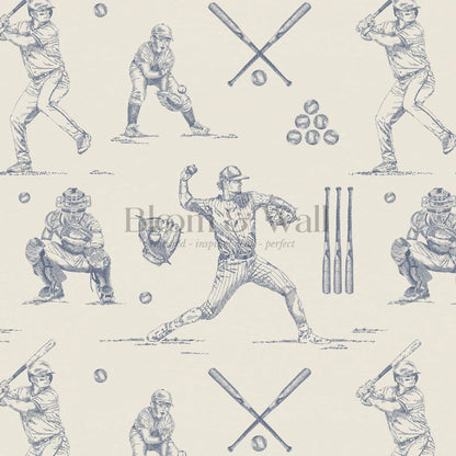 Marco Classic Baseball Toile Blue Slate Taupe Wallpaper