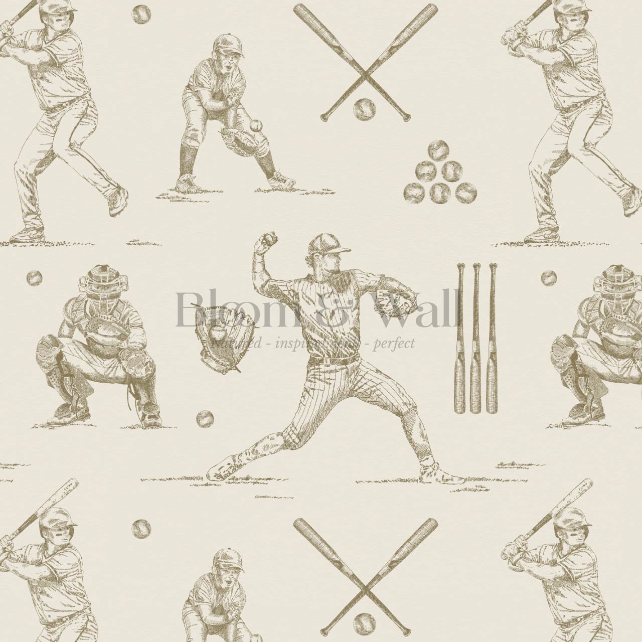 Marco Classic Baseball Toile Olive Taupe Wallpaper