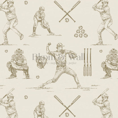Marco Classic Baseball Toile Olive Taupe Wallpaper