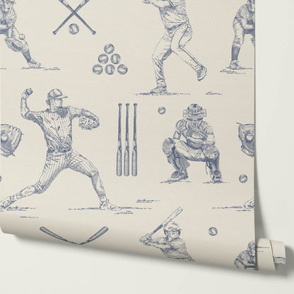 Marco Classic Baseball Toile Blue Slate Taupe Wallpaper