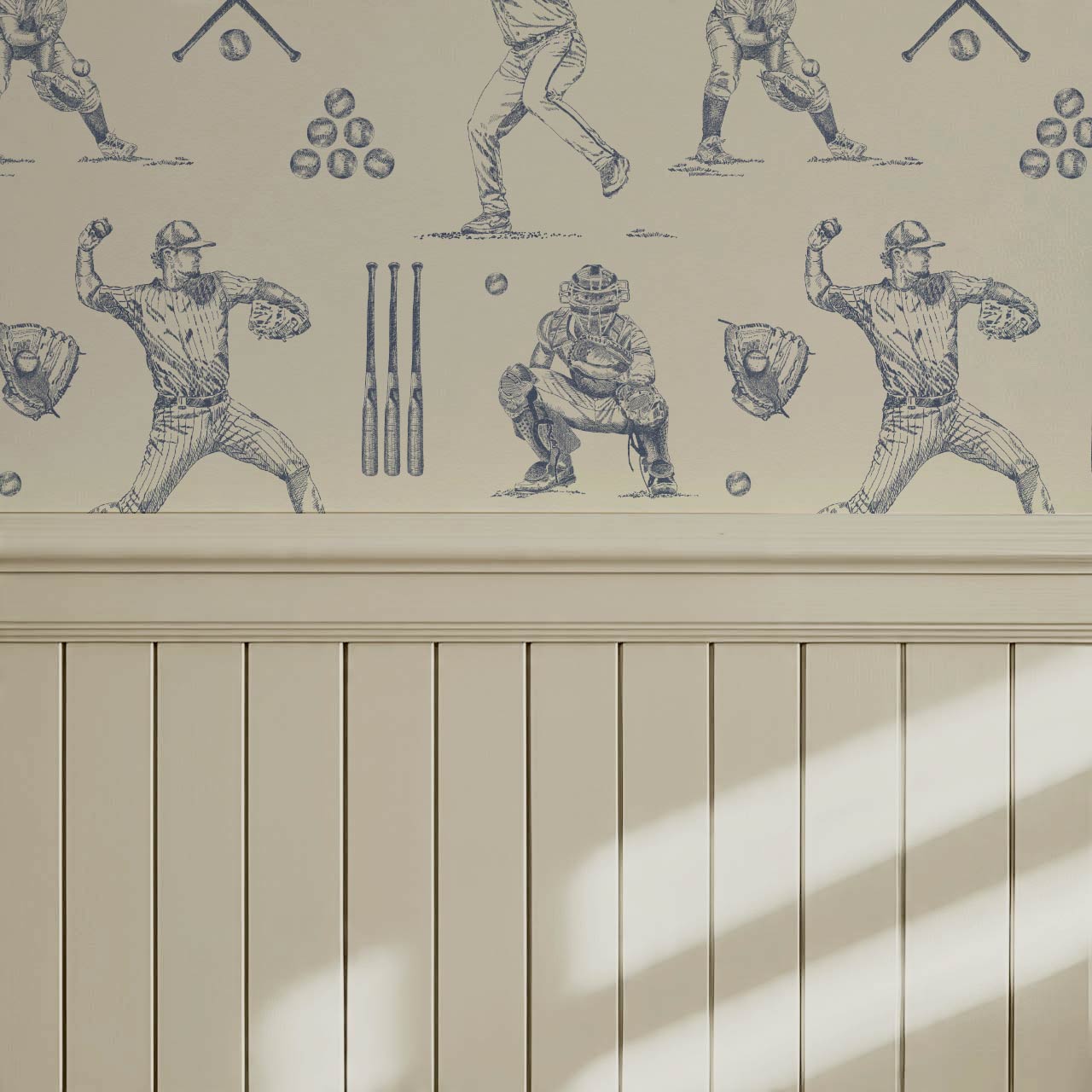 Marco Classic Baseball Toile Blue Slate Taupe Wallpaper