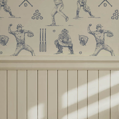 Marco Classic Baseball Toile Blue Slate Taupe Wallpaper