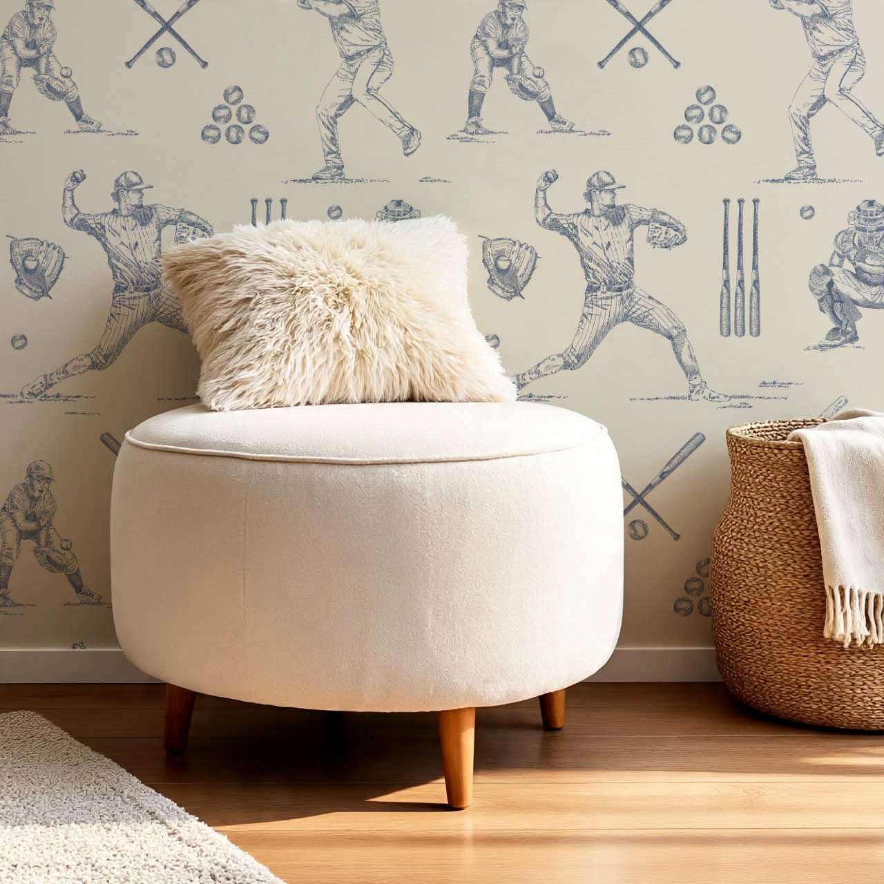 Marco Classic Baseball Toile Blue Slate Taupe Wallpaper