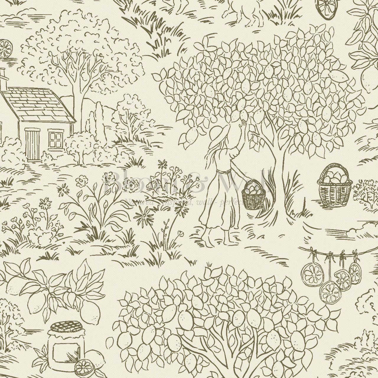 Margaux Countryside Lemon Toile Moss Green Wallpaper