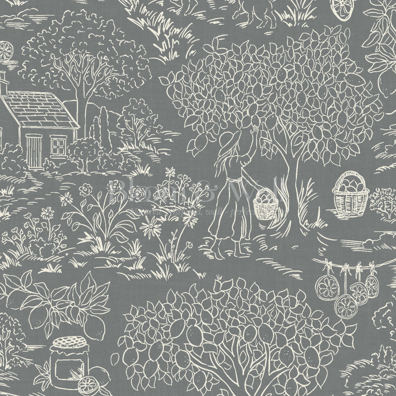 Margaux Countryside Lemon Toile Slate Wallpaper