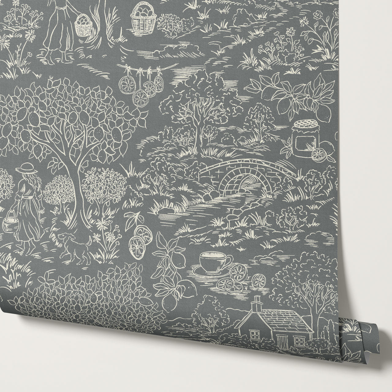 Margaux Countryside Lemon Toile Slate Wallpaper