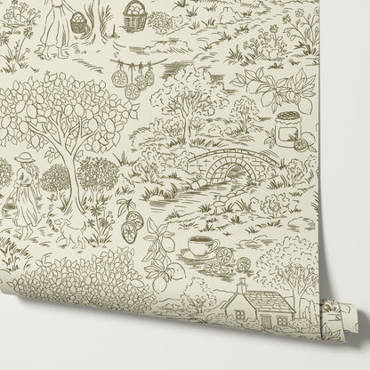 Margaux Countryside Lemon Toile Moss Green Wallpaper