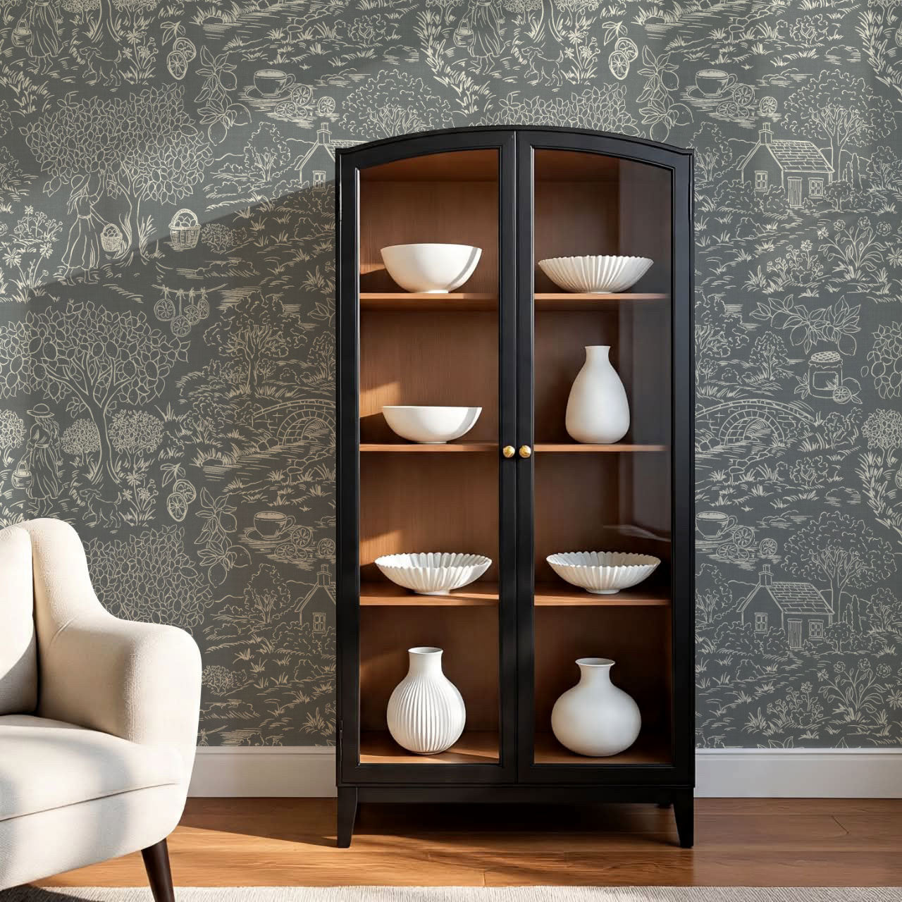 Margaux Countryside Lemon Toile Slate Wallpaper