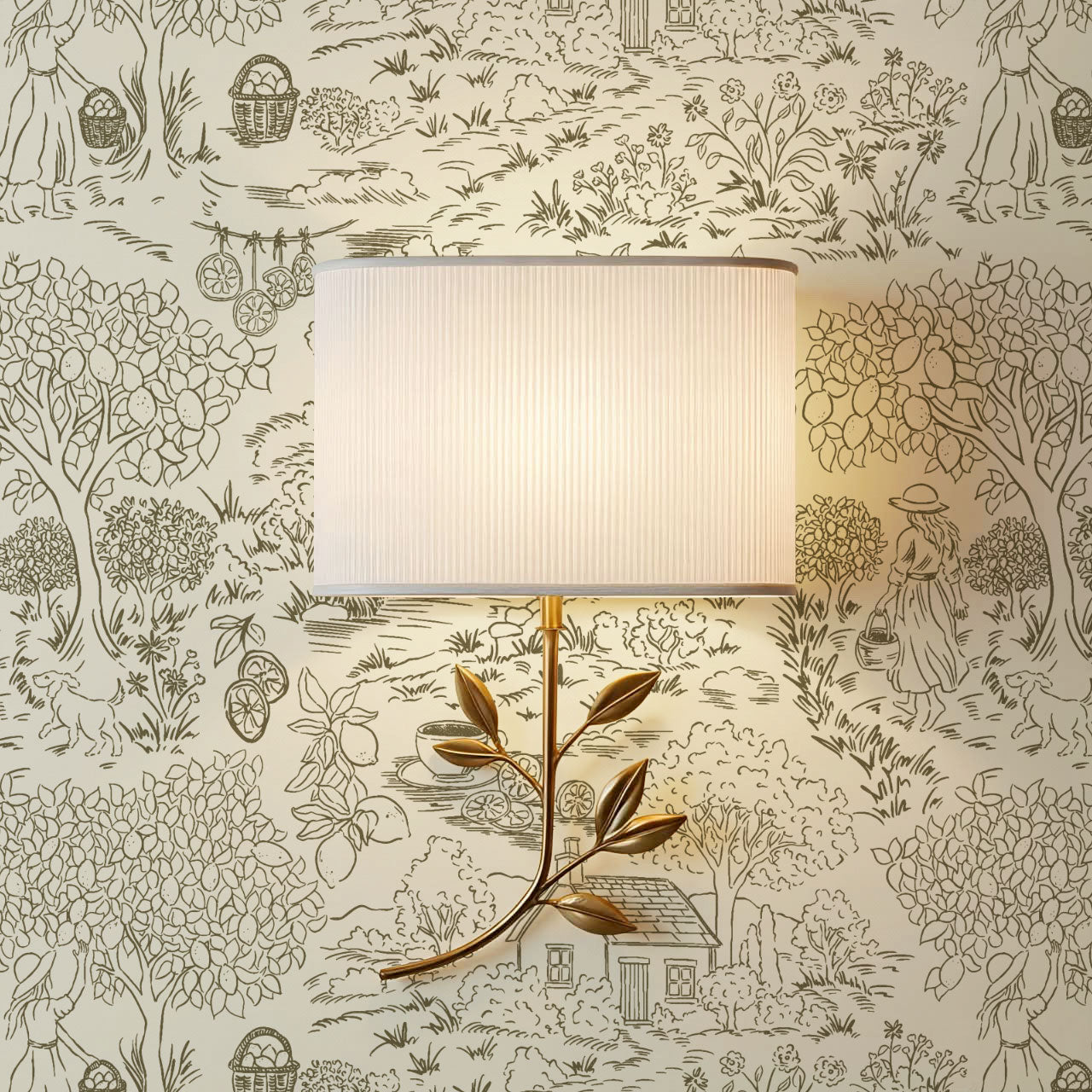 Margaux Countryside Lemon Toile Moss Green Wallpaper