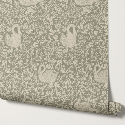Margot Pale Sage Swans Wallpaper