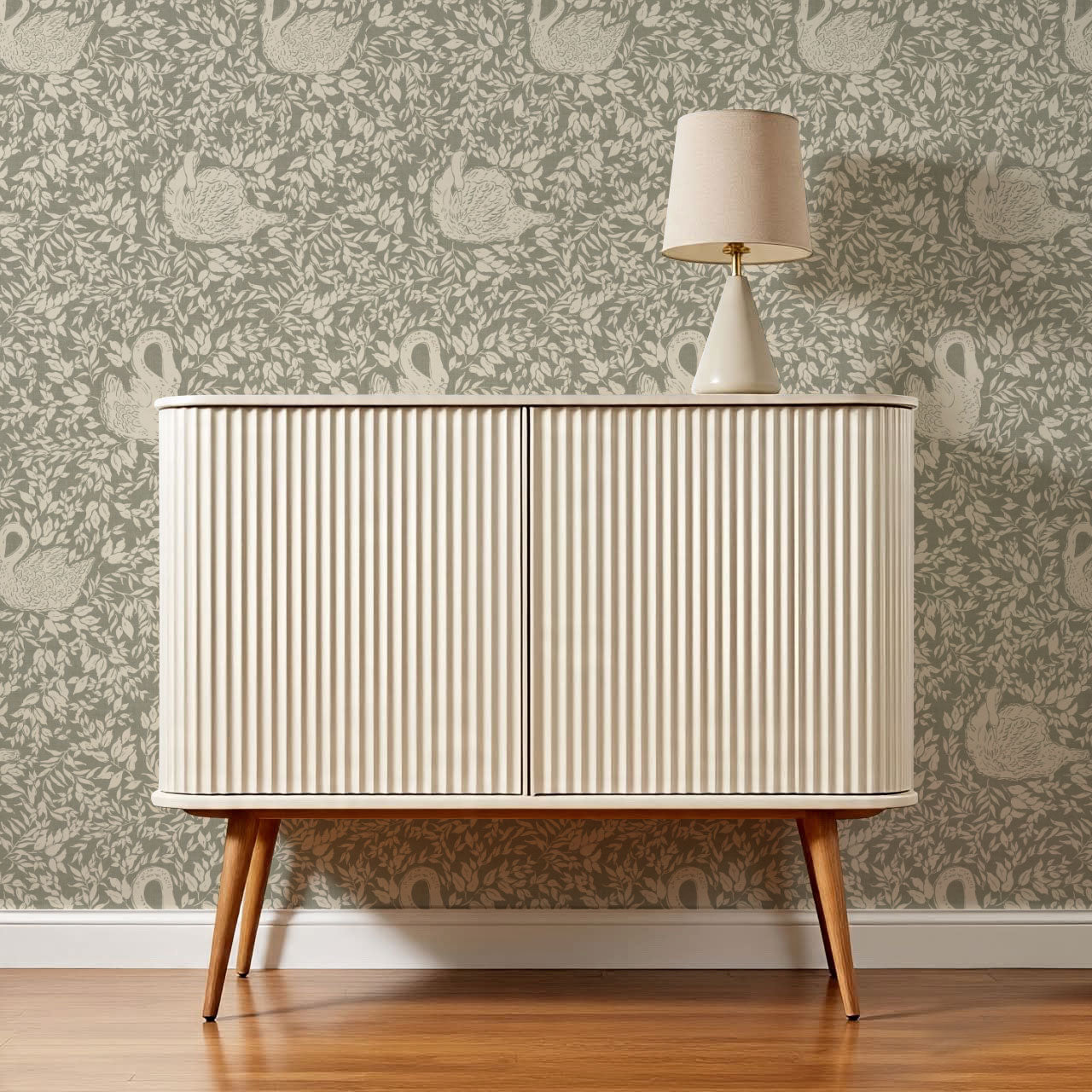 Margot Pale Sage Swans Wallpaper