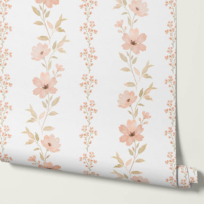 Marina Coral Cosmo Watercolor Vines Cream Peach Wallpaper