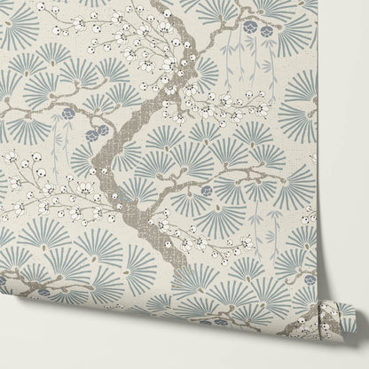 Marlee Large Japanese Pine Trees Blue Wallpaper