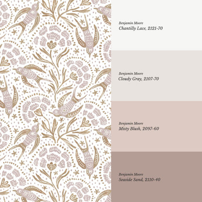 Martina Happy Folk Birds Pale Berry Olive Wallpaper