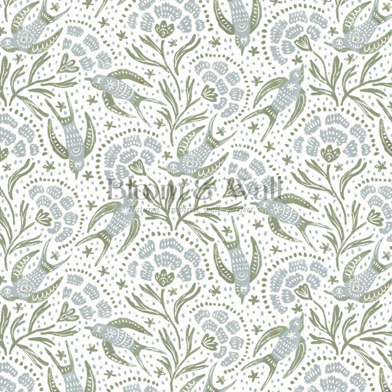 Martina Happy Folk Birds Blue Sage Wallpaper