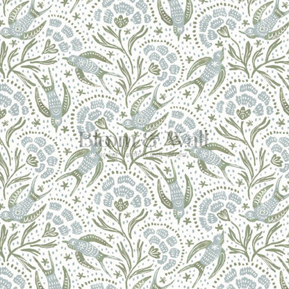 Martina Happy Folk Birds Blue Sage Wallpaper