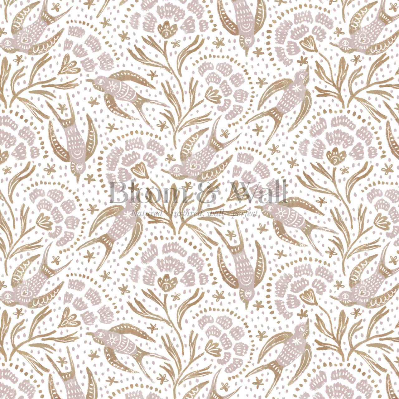 Martina Happy Folk Birds Pale Berry Olive Wallpaper