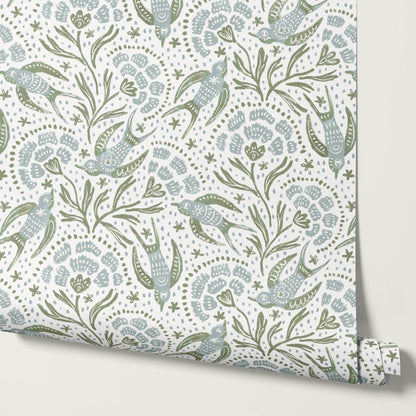 Martina Happy Folk Birds Blue Sage Wallpaper