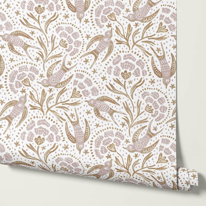 Martina Happy Folk Birds Pale Berry Olive Wallpaper