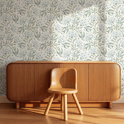 Martina Happy Folk Birds Blue Sage Wallpaper