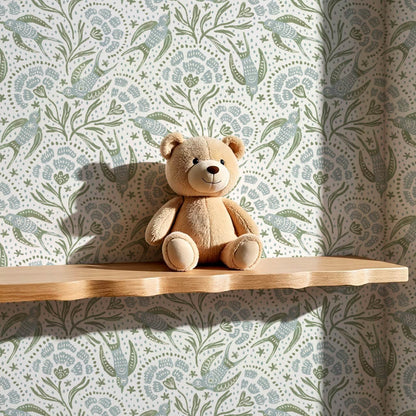 Martina Happy Folk Birds Blue Sage Wallpaper