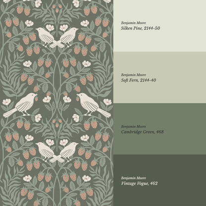 Mathilde Strawberries and Songbirds Green Wallpaper