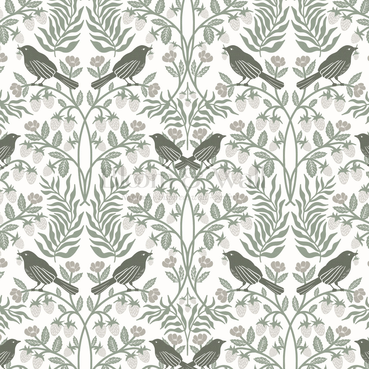 Mathilde Strawberries and Songbirds Dry Sage Wallpaper