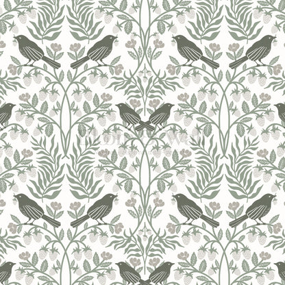 Mathilde Strawberries and Songbirds Dry Sage Wallpaper
