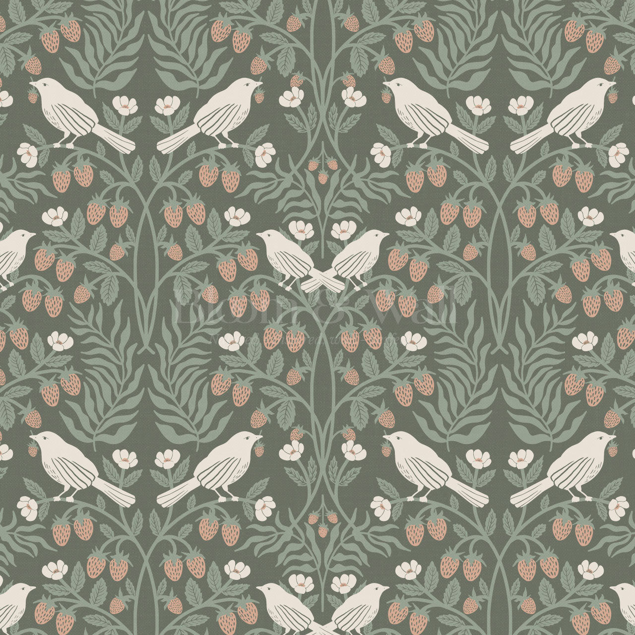 Mathilde Strawberries and Songbirds Green Wallpaper