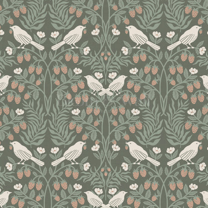 Mathilde Strawberries and Songbirds Green Wallpaper