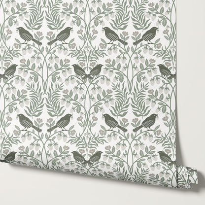 Mathilde Strawberries and Songbirds Dry Sage Wallpaper