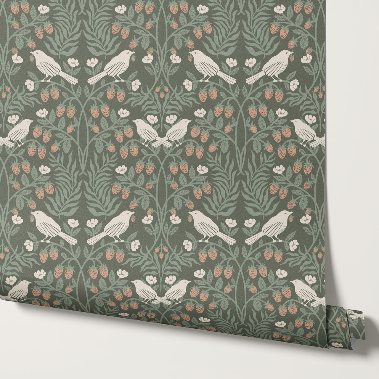 Mathilde Strawberries and Songbirds Green Wallpaper