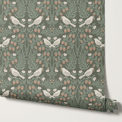 Mathilde Strawberries and Songbirds Green Wallpaper