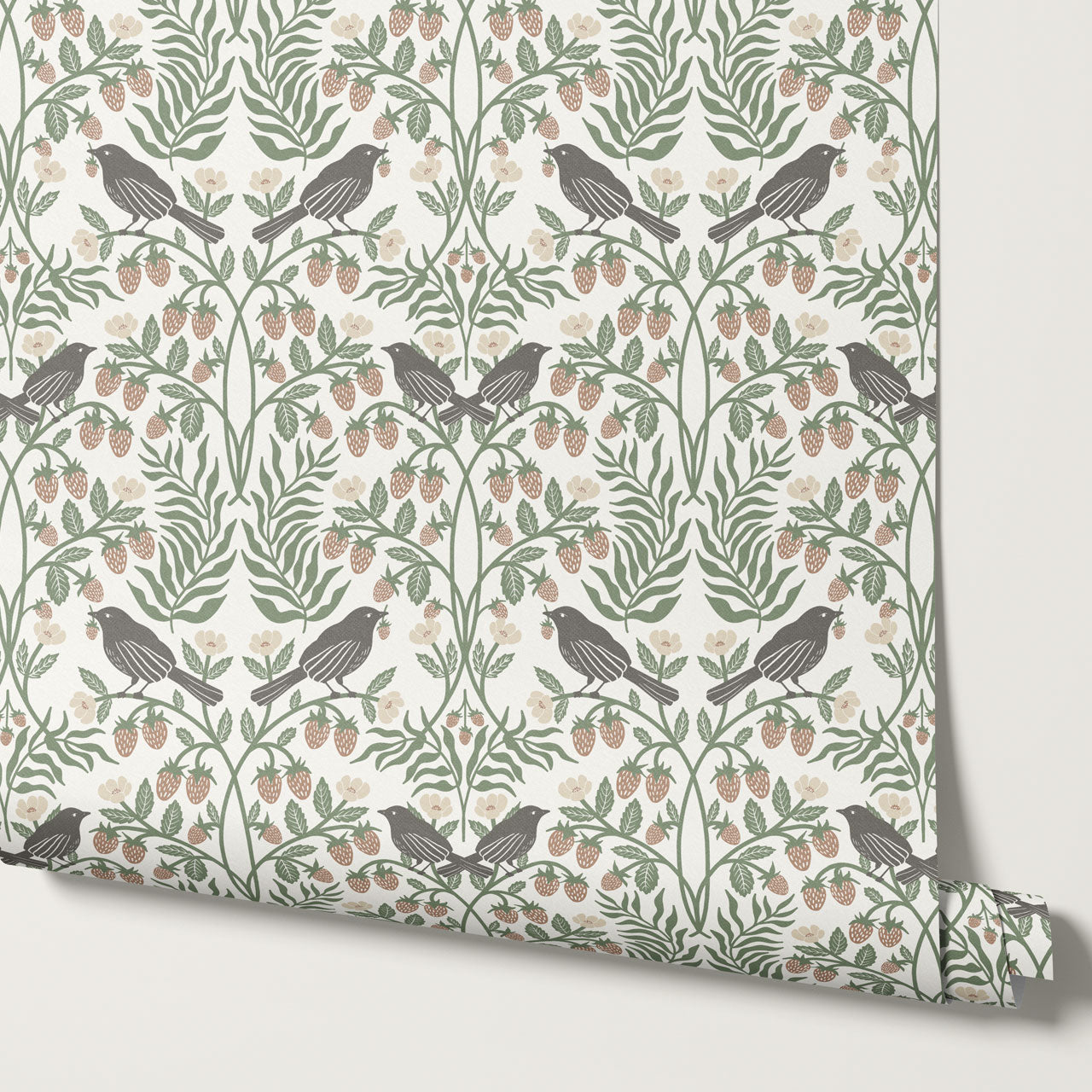 Mathilde Strawberries and Songbirds Sage Wallpaper