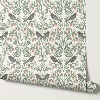 Mathilde Strawberries and Songbirds Sage Wallpaper