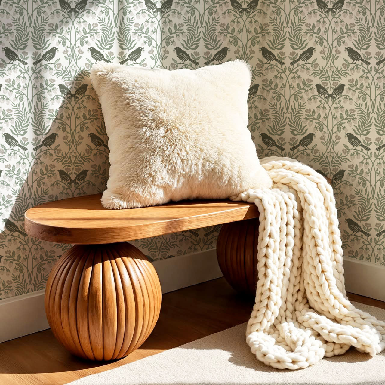 Mathilde Strawberries and Songbirds Dry Sage Wallpaper