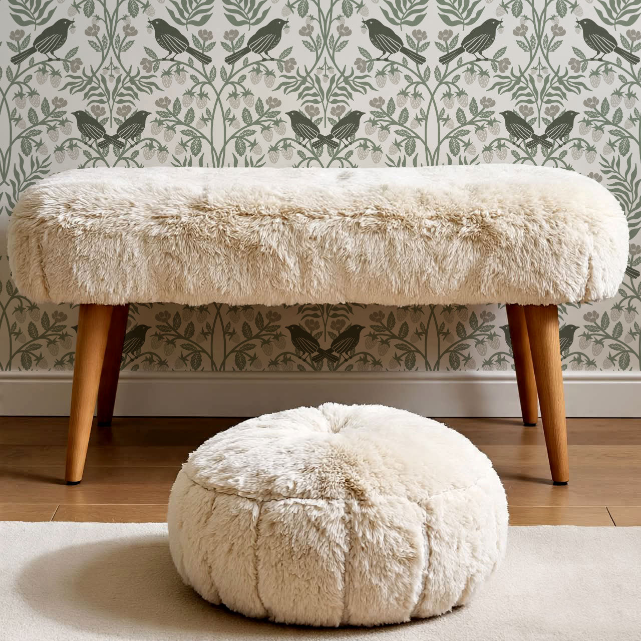 Mathilde Strawberries and Songbirds Dry Sage Wallpaper