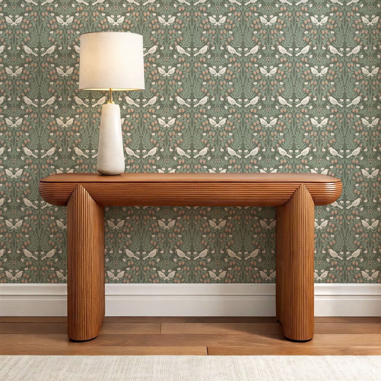 Mathilde Strawberries and Songbirds Green Wallpaper