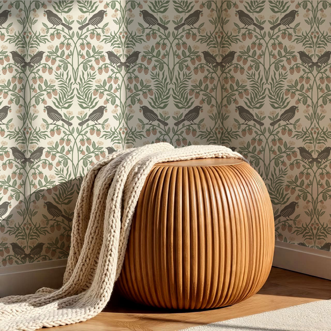 Mathilde Strawberries and Songbirds Sage Wallpaper