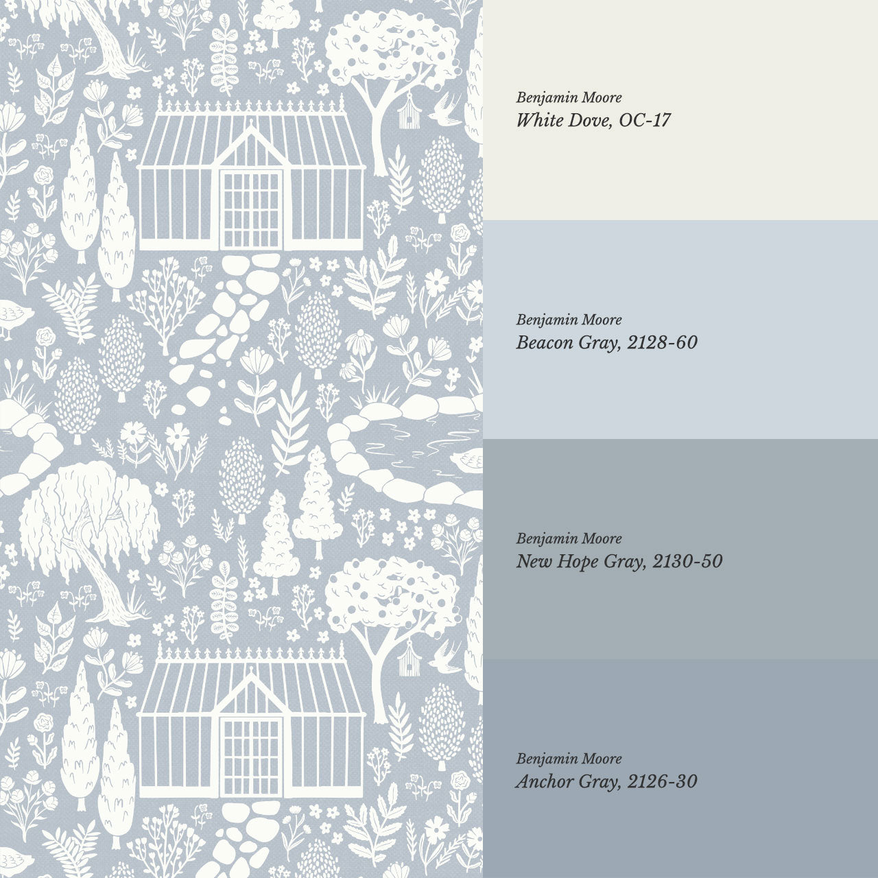 McKenna Garden & Geese Toile Blue Wallpaper
