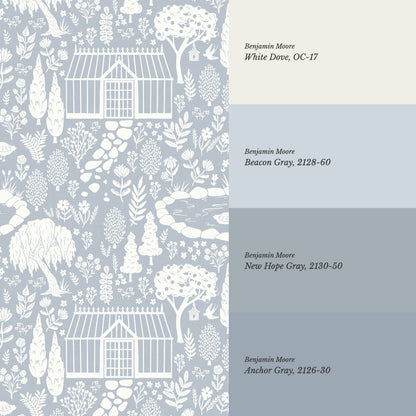 McKenna Garden & Geese Toile Blue Wallpaper