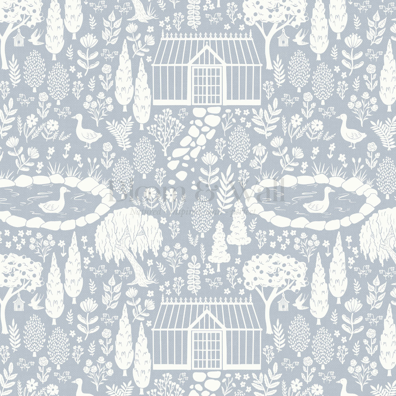 McKenna Garden & Geese Toile Blue Wallpaper