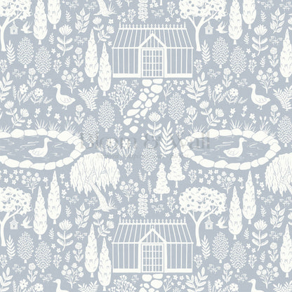 McKenna Garden & Geese Toile Blue Wallpaper