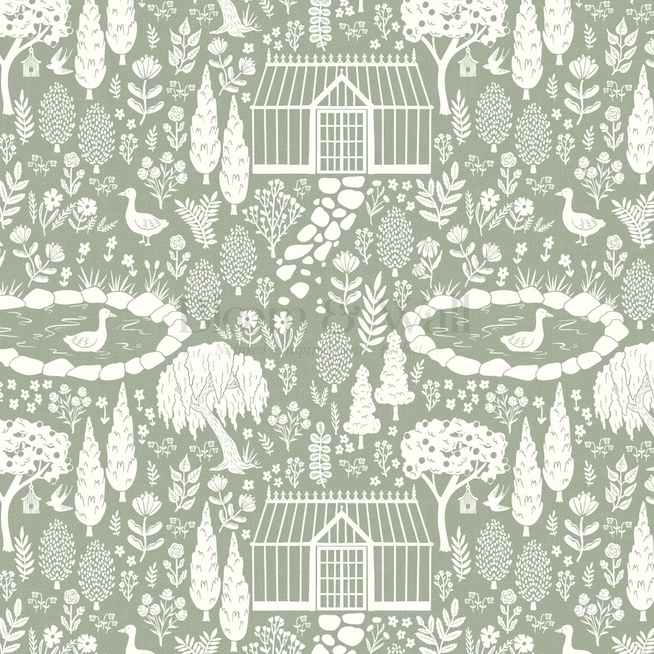 McKenna Garden & Geese Toile Sage Wallpaper
