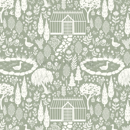 McKenna Garden & Geese Toile Sage Wallpaper
