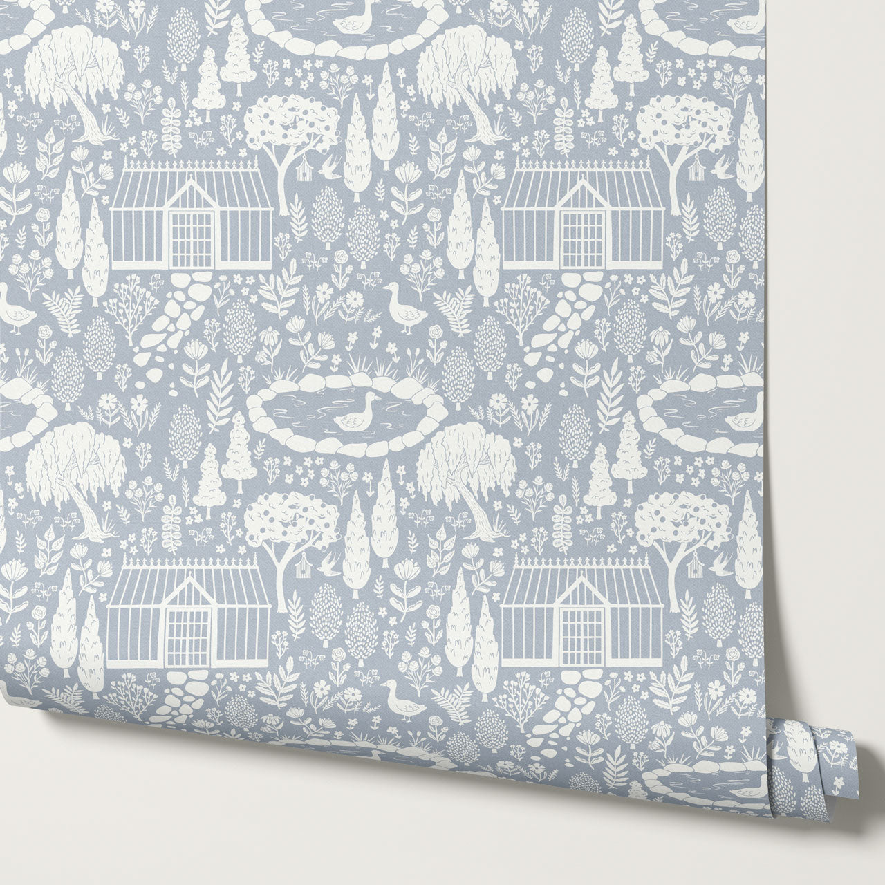 McKenna Garden & Geese Toile Blue Wallpaper