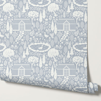 McKenna Garden & Geese Toile Blue Wallpaper