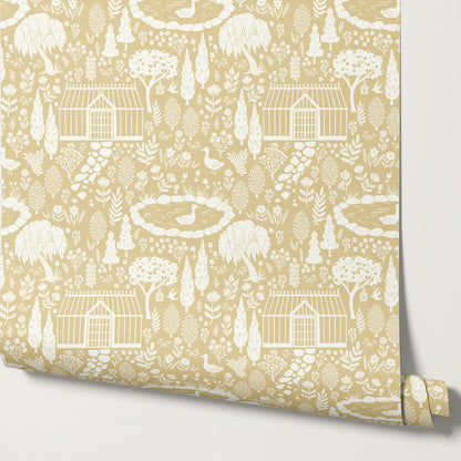 McKenna Garden & Geese Toile Gold Wallpaper